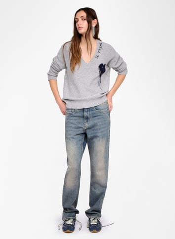 Pull droit col V en cachemire imprimé ZADIG&VOLTAIRE Gris